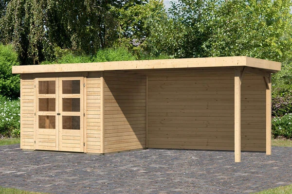 KARIBU Gartenhaus Askola 3, Naturbelassen, Fichtenholz 19mm, 528,5 X 217 X 211 Cm, Flachdach, Seitlicher Anbau 2,8m Mit Rückwand 3 KARIBU Gartenhaus Askola 3, Naturbelassen, Fichtenholz 19mm, 528,5 X 217 X 211 Cm, Flachdach, Seitlicher Anbau 2,8m Mit Rückwand