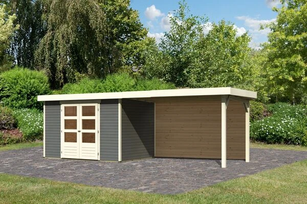 KARIBU Gartenhaus Askola 4, Terragrau, Fichtenholz 19mm, 591,5 X 217 X 211 Cm, Flachdach, Seitlicher Anbau 2,8m Mit Rückwand 3 KARIBU Gartenhaus Askola 4, Terragrau, Fichtenholz 19mm, 591,5 X 217 X 211 Cm, Flachdach, Seitlicher Anbau 2,8m Mit Rückwand