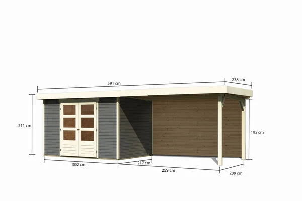 KARIBU Gartenhaus Askola 4, Terragrau, Fichtenholz 19mm, 591,5 X 217 X 211 Cm, Flachdach, Seitlicher Anbau 2,8m Mit Rückwand 7 KARIBU Gartenhaus Askola 4, Terragrau, Fichtenholz 19mm, 591,5 X 217 X 211 Cm, Flachdach, Seitlicher Anbau 2,8m Mit Rückwand – Bild 5