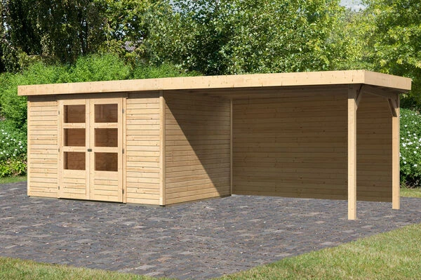 KARIBU Gartenhaus Askola 5, Naturbelassen, Fichtenholz 19mm, 591,5 X 246 X 211 Cm, Flachdach, Seitlicher Anbau 2,8m Mit Rückwand 3 KARIBU Gartenhaus Askola 5, Naturbelassen, Fichtenholz 19mm, 591,5 X 246 X 211 Cm, Flachdach, Seitlicher Anbau 2,8m Mit Rückwand
