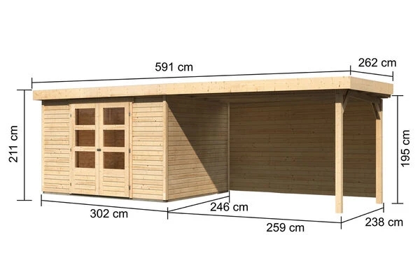 KARIBU Gartenhaus Askola 5, Naturbelassen, Fichtenholz 19mm, 591,5 X 246 X 211 Cm, Flachdach, Seitlicher Anbau 2,8m Mit Rückwand 7 KARIBU Gartenhaus Askola 5, Naturbelassen, Fichtenholz 19mm, 591,5 X 246 X 211 Cm, Flachdach, Seitlicher Anbau 2,8m Mit Rückwand – Bild 5