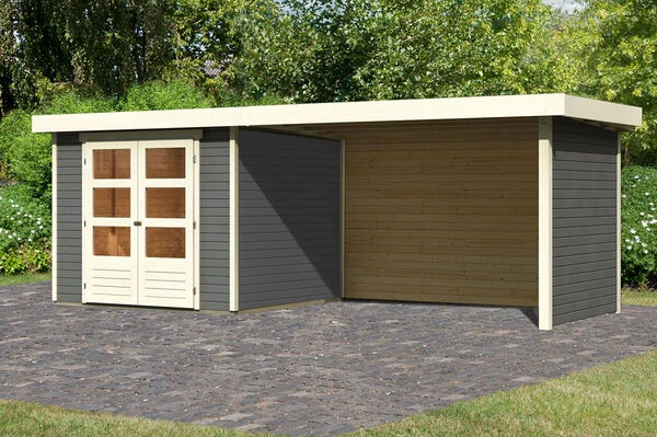 KARIBU Gartenhaus Askola3,5 , Terragrau, Fichtenholz 19mm, 528,5 X 246 X 211 Cm, Flachdach, Seitlicher Anbau 2,8m Mit Rück- Und Seitenwand 3 KARIBU Gartenhaus Askola3,5 , Terragrau, Fichtenholz 19mm, 528,5 X 246 X 211 Cm, Flachdach, Seitlicher Anbau 2,8m Mit Rück- Und Seitenwand