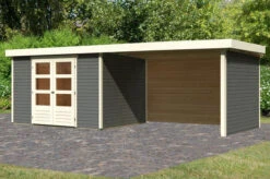 KARIBU Gartenhaus Askola5 , Terragrau, Fichtenholz 19mm, 591,5 X 246 X 211 Cm, Flachdach, Seitlicher Anbau 2,8m Mit Rück- Und Seitenwand