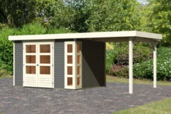 KARIBU Gartenhaus Kerko 5, Terragrau, Fichtenholz 19mm, 554 X 246 X 210 Cm, Flachdach, Anbau 2,4m