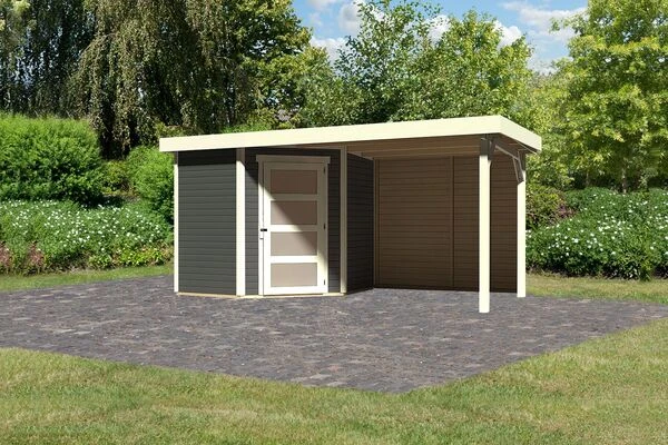 KARIBU Gartenhaus Schwandorf 3 , Terragrau, Fichtenholz 19mm, 467 X 217 X 218 Cm, Flachdach, Anbau 2,4m Mit Rückwand 3 KARIBU Gartenhaus Schwandorf 3 , Terragrau, Fichtenholz 19mm, 467 X 217 X 218 Cm, Flachdach, Anbau 2,4m Mit Rückwand