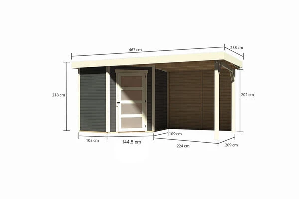 KARIBU Gartenhaus Schwandorf 3 , Terragrau, Fichtenholz 19mm, 467 X 217 X 218 Cm, Flachdach, Anbau 2,4m Mit Rückwand 7 KARIBU Gartenhaus Schwandorf 3 , Terragrau, Fichtenholz 19mm, 467 X 217 X 218 Cm, Flachdach, Anbau 2,4m Mit Rückwand – Bild 5