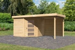 KARIBU Gartenhaus Schwandorf 5, Naturbelassen, Fichtenholz 19mm, 493 X 246 X 218 Cm, Flachdach, Anbau 2,4m Mit Rückwand