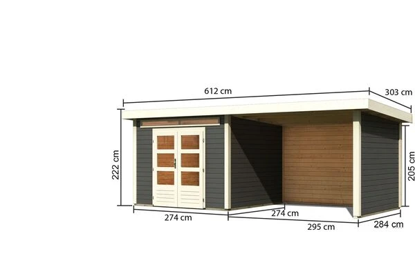 KARIBU Gartenhaus Kandern6 , Terragrau, Fichtenholz 28mm, 612 X 274 X 222 Cm, Pultdach, Anbau 3,2m Mit Rück- Und Seitenwand 7 KARIBU Gartenhaus Kandern6 , Terragrau, Fichtenholz 28mm, 612 X 274 X 222 Cm, Pultdach, Anbau 3,2m Mit Rück- Und Seitenwand – Bild 5