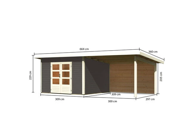 KARIBU Gartenhaus Northeim 3, Terragrau, Fichtenholz 40mm, 664 X 309 X 229 Cm, Pultdach, Anbau 3m Mit Rückwand 7 KARIBU Gartenhaus Northeim 3, Terragrau, Fichtenholz 40mm, 664 X 309 X 229 Cm, Pultdach, Anbau 3m Mit Rückwand – Bild 5