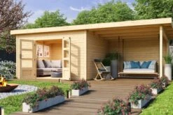 KARIBU Gartenhaus Northeim 4, Naturbelassen, Fichtenholz 40mm, 724 X 309 X 229 Cm, Pultdach, Anbau 3m Mit Rückwand