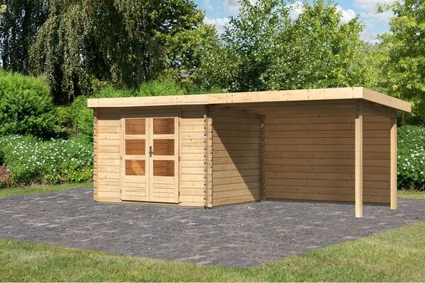 KARIBU Gartenhaus Bastrup 3, Naturbelassen, Fichtenholz 28mm, 641 X 237 X 220 Cm, Pultdach, Anbau 3m Mit Rückwand 3 KARIBU Gartenhaus Bastrup 3, Naturbelassen, Fichtenholz 28mm, 641 X 237 X 220 Cm, Pultdach, Anbau 3m Mit Rückwand
