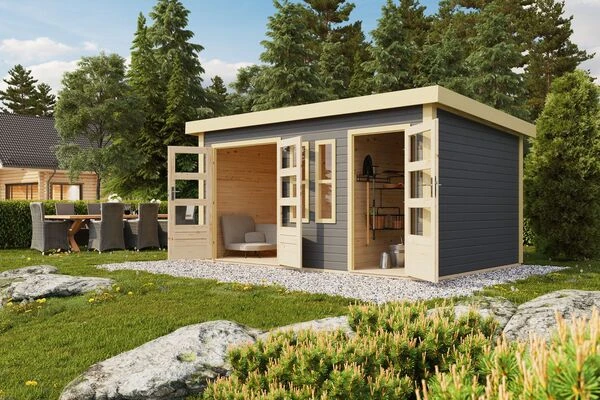KARIBU Mittelwandhaus Schönbuch 2, Terragrau, Fichtenholz 38mm, 458 X 276 X 228 Cm, Flachdach 3 KARIBU Mittelwandhaus Schönbuch 2, Terragrau, Fichtenholz 38mm, 458 X 276 X 228 Cm, Flachdach
