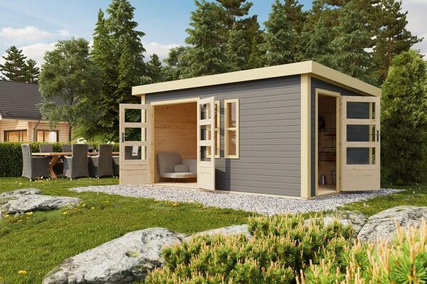 KARIBU Mittelwandhaus Schönbuch 2, Terragrau, Fichtenholz 38mm, 458 X 276 X 228 Cm, Flachdach 4 KARIBU Mittelwandhaus Schönbuch 2, Terragrau, Fichtenholz 38mm, 458 X 276 X 228 Cm, Flachdach – Bild 2
