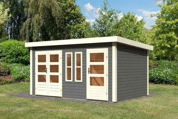 KARIBU Mittelwandhaus Schönbuch 2, Terragrau, Fichtenholz 38mm, 458 X 276 X 228 Cm, Flachdach 5 KARIBU Mittelwandhaus Schönbuch 2, Terragrau, Fichtenholz 38mm, 458 X 276 X 228 Cm, Flachdach – Bild 3