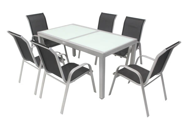 VILLANA Esstischgruppe, Silber/schwarz, Alu/Textil, Ausziehtisch 160/220 Cm, 6 Stapelstühle 5 VILLANA Esstischgruppe, Silber/schwarz, Alu/Textil, Ausziehtisch 160/220 Cm, 6 Stapelstühle – Bild 3