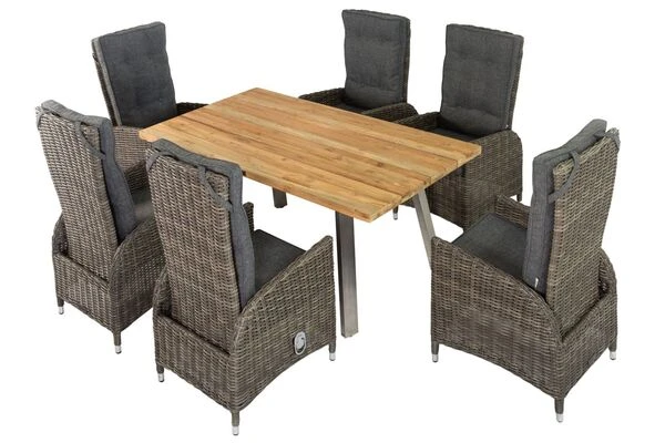 OUTFLEXX Esstischgarnitur, Edelstahl/recyceltes FSC-Teak, Tisch 160x90 Cm, 6 Hochlehner- Diningsessel, A-Gestell 5 OUTFLEXX Esstischgarnitur, Edelstahl/recyceltes FSC-Teak, Tisch 160x90 Cm, 6 Hochlehner- Diningsessel, A-Gestell – Bild 3