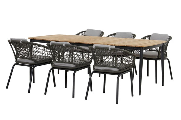 OUTFLEXX Oscar Esstischgarnitur, Anthrazit, Alu/FSC-Teak/Rope, Tisch 214x100 Cm, 8 Stühle , Tischplatte AusTeak 5 OUTFLEXX Oscar Esstischgarnitur, Anthrazit, Alu/FSC-Teak/Rope, Tisch 214x100 Cm, 8 Stühle , Tischplatte AusTeak – Bild 3