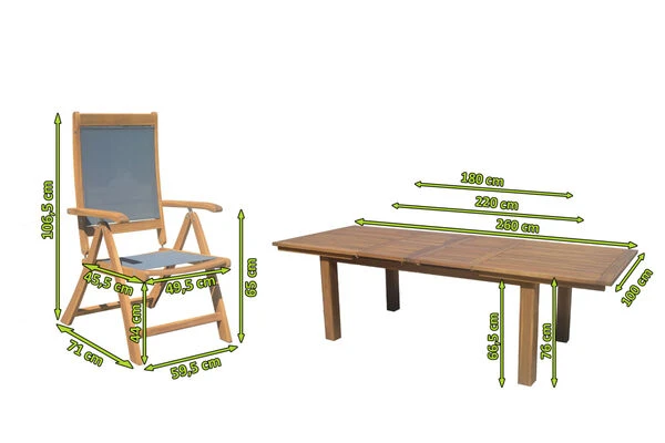 OUTFLEXX Esstischgarnitur, Natur/grau, FSC-Akazie/Textilene, Tisch 180/220/260x100cm, 4 Klappstühle, Ausziehbar 5 OUTFLEXX Esstischgarnitur, Natur/grau, FSC-Akazie/Textilene, Tisch 180/220/260x100cm, 4 Klappstühle, Ausziehbar – Bild 3