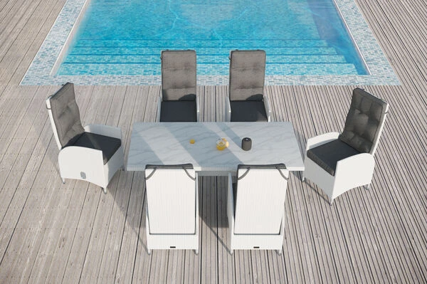OUTFLEXX Dining Set, Weiß, Polyrattan, Tisch 200x95cm, Spraystone 6mm, 6 Dining Sessel Verstellbar 5 OUTFLEXX Dining Set, Weiß, Polyrattan, Tisch 200x95cm, Spraystone 6mm, 6 Dining Sessel Verstellbar – Bild 3