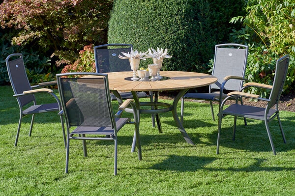 HARTMAN Provence / Raffaelo Sitzgruppe, Xerix/anthrazit, Alu/Teakholz, 5 Stapelsessel, Ø150cm, Inkl. Eiskühler 5 HARTMAN Provence / Raffaelo Sitzgruppe, Xerix/anthrazit, Alu/Teakholz, 5 Stapelsessel, Ø150cm, Inkl. Eiskühler – Bild 3