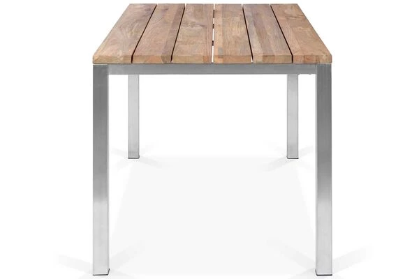 OUTFLEXX Esstischgarnitur, Edelstahl / FSC-Teakholz, Tisch 150 X 80 Cm, 6 Stapelsessel 6 OUTFLEXX Esstischgarnitur, Edelstahl / FSC-Teakholz, Tisch 150 X 80 Cm, 6 Stapelsessel – Bild 4