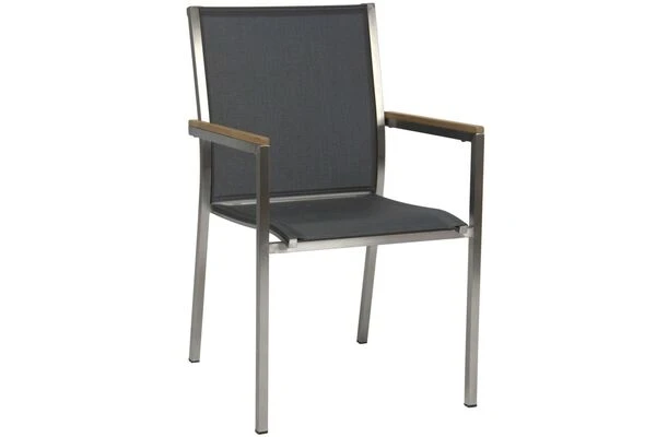 STERN Polaris Esstischgruppe, Silbergrau, Edelstahl/FSC-Teak, Tisch Ø 170 Cm, 6 Stapelsessel 6 STERN Polaris Esstischgruppe, Silbergrau, Edelstahl/FSC-Teak, Tisch Ø 170 Cm, 6 Stapelsessel – Bild 4