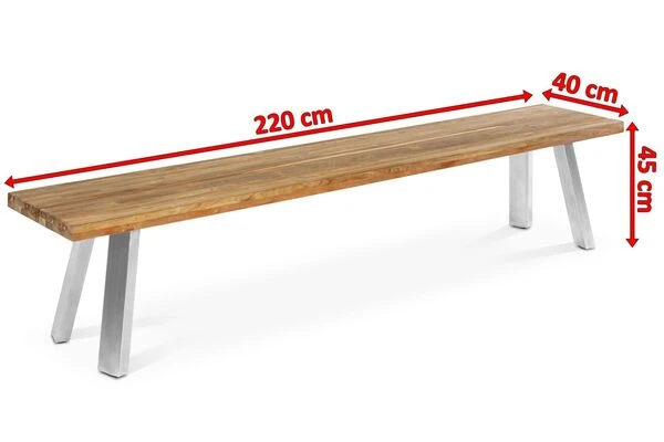 OUTFLEXX Gartenbank, Edelstahl/recyceltes FSC®-Teak, 220x40x45xm, A-Gestell, Rustikal Gebürstet 6 OUTFLEXX Gartenbank, Edelstahl/recyceltes FSC®-Teak, 220x40x45xm, A-Gestell, Rustikal Gebürstet – Bild 4