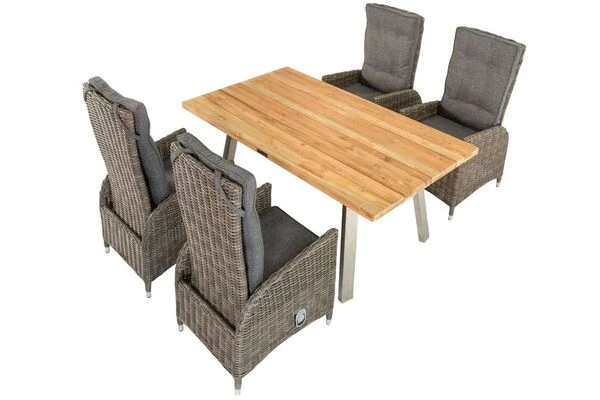 OUTFLEXX Esstischgarnitur, Edelstahl/recyceltes FSC-Teak, Tisch 160x90 Cm, 4 Hochlehner- Diningsessel, A-Gestell 6 OUTFLEXX Esstischgarnitur, Edelstahl/recyceltes FSC-Teak, Tisch 160x90 Cm, 4 Hochlehner- Diningsessel, A-Gestell – Bild 4