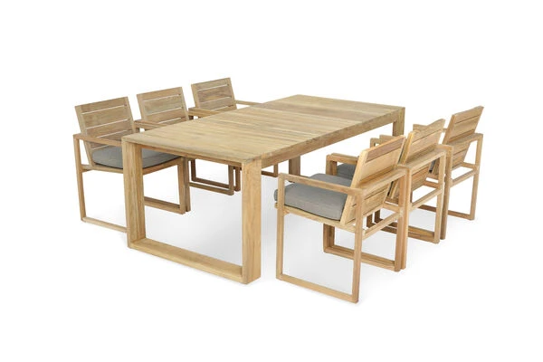 OUTFLEXX Anok Esstischgarnitur, Natur, Recycled FSC-Teak, Esstisch 200x100cm, 6x Stuhl 5 OUTFLEXX Anok Esstischgarnitur, Natur, Recycled FSC-Teak, Esstisch 200x100cm, 6x Stuhl – Bild 3