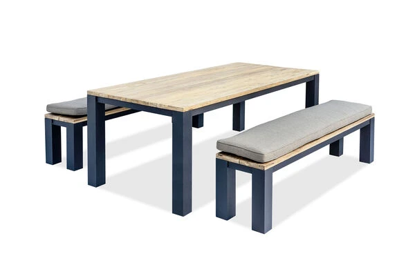 OUTFLEXX Oxford Esstischgarnitur, Dark Grey/natur, Alu/recycled FSC-Teak, Esstisch 220x100cm, 2x Bank 190x40cm 6 OUTFLEXX Oxford Esstischgarnitur, Dark Grey/natur, Alu/recycled FSC-Teak, Esstisch 220x100cm, 2x Bank 190x40cm – Bild 4