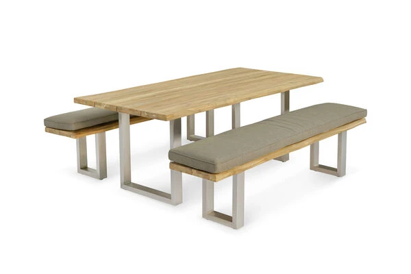 OUTFLEXX Esstischgarnitur, Silber/natur, Edelstahl & Recycled FSC-Teak, Esstisch 200x100cm, 2xBank 200x40cm, Baumkante 6 OUTFLEXX Esstischgarnitur, Silber/natur, Edelstahl & Recycled FSC-Teak, Esstisch 200x100cm, 2xBank 200x40cm, Baumkante – Bild 4