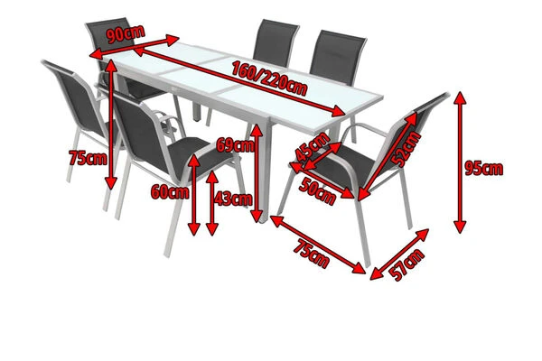 VILLANA Esstischgruppe, Silber/schwarz, Alu/Textil, Ausziehtisch 160/220 Cm, 6 Stapelstühle 7 VILLANA Esstischgruppe, Silber/schwarz, Alu/Textil, Ausziehtisch 160/220 Cm, 6 Stapelstühle – Bild 5