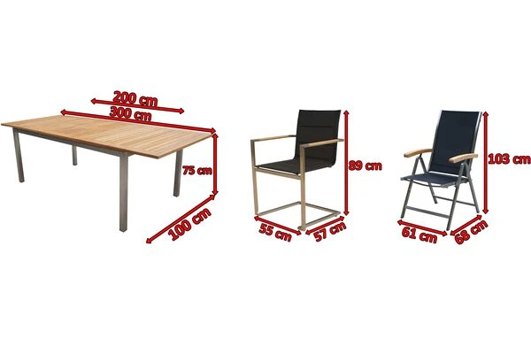 OUTFLEXX Set, Schwarz, 200/300 X 100 Cm, Edelstahl/Teak, Ausziehtisch, 6 Stühle Padded, 2 Multipositionssessel 7 OUTFLEXX Set, Schwarz, 200/300 X 100 Cm, Edelstahl/Teak, Ausziehtisch, 6 Stühle Padded, 2 Multipositionssessel – Bild 5