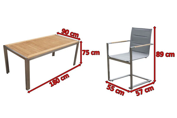 OUTFLEXX Esstischgruppe, Taupe, Edelstahl/Teak, Tisch 180x90cm, 6 Stapelstühle Gepolstert 7 OUTFLEXX Esstischgruppe, Taupe, Edelstahl/Teak, Tisch 180x90cm, 6 Stapelstühle Gepolstert – Bild 5