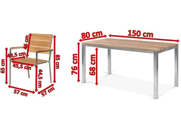 OUTFLEXX Esstischgarnitur, Edelstahl / FSC-Teakholz, Tisch 150 X 80 Cm, 6 Stapelsessel 7 OUTFLEXX Esstischgarnitur, Edelstahl / FSC-Teakholz, Tisch 150 X 80 Cm, 6 Stapelsessel – Bild 5