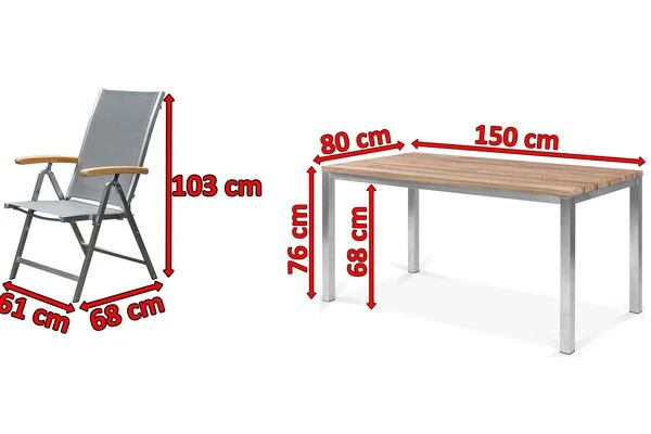 OUTFLEXX Esstischgarnitur, Edelstahl / FSC-Teak, Tisch 150x80cm, 6 Multipositionssessel, Taupe 7 OUTFLEXX Esstischgarnitur, Edelstahl / FSC-Teak, Tisch 150x80cm, 6 Multipositionssessel, Taupe – Bild 5