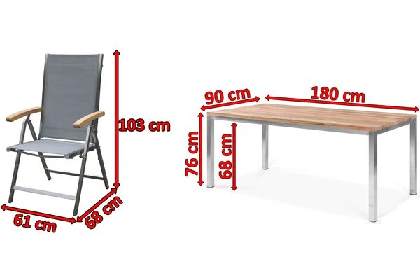 OUTFLEXX Esstischgarnitur, Edelstahl / FSC-Teak, Tisch 180 X 90 Cm, 6 Multipositionssessel, Silber 7 OUTFLEXX Esstischgarnitur, Edelstahl / FSC-Teak, Tisch 180 X 90 Cm, 6 Multipositionssessel, Silber – Bild 5