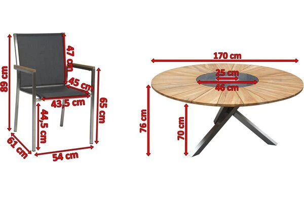 STERN Polaris Esstischgruppe, Silbergrau, Edelstahl/FSC-Teak, Tisch Ø 170 Cm, 6 Stapelsessel 7 STERN Polaris Esstischgruppe, Silbergrau, Edelstahl/FSC-Teak, Tisch Ø 170 Cm, 6 Stapelsessel – Bild 5