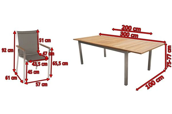 STERN Cardiff Esstischgruppe, Silber/taupe, Edelstahl/FSC-Teak, Tisch 200/300 X 100 Cm, 6 Stapelsessel 7 STERN Cardiff Esstischgruppe, Silber/taupe, Edelstahl/FSC-Teak, Tisch 200/300 X 100 Cm, 6 Stapelsessel – Bild 5