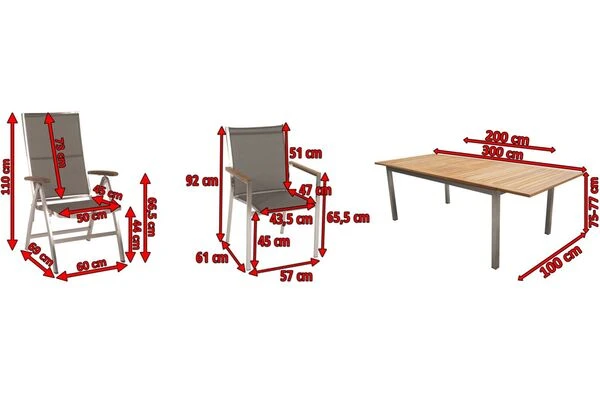 STERN Cardiff Esstischgruppe, Silber/taupe, Edelstahl/FSC-Teak, Tisch 200/300 X 100 Cm, 6 Stapel-, 2 Multipositionssessel 7 STERN Cardiff Esstischgruppe, Silber/taupe, Edelstahl/FSC-Teak, Tisch 200/300 X 100 Cm, 6 Stapel-, 2 Multipositionssessel – Bild 5