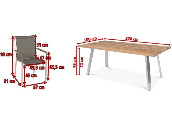STERN Cardiff Esstischgruppe, Silber/taupe, Edelstahl/Teak, Tisch A-Gestell 220 X 100 Cm, 6 Stapelsessel 7 STERN Cardiff Esstischgruppe, Silber/taupe, Edelstahl/Teak, Tisch A-Gestell 220 X 100 Cm, 6 Stapelsessel – Bild 5