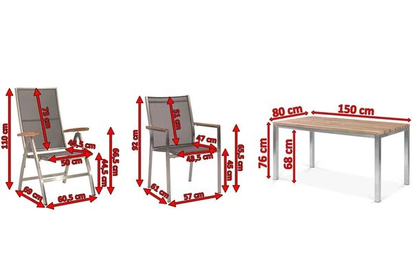 STERN Cardiff Esstischgruppe, Silber/silbergrau, Edelstahl/Teak, Tisch 150 X 80 Cm, 4 Stapel-, 2 Multipositionssessel 7 STERN Cardiff Esstischgruppe, Silber/silbergrau, Edelstahl/Teak, Tisch 150 X 80 Cm, 4 Stapel-, 2 Multipositionssessel – Bild 5