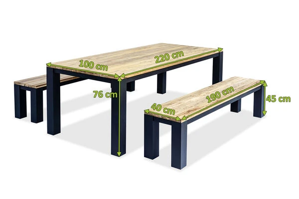 OUTFLEXX Oxford Esstischgarnitur, Dark Grey/natur, Alu/recycled FSC-Teak, Esstisch 220x100cm, 2x Bank 190x40cm 7 OUTFLEXX Oxford Esstischgarnitur, Dark Grey/natur, Alu/recycled FSC-Teak, Esstisch 220x100cm, 2x Bank 190x40cm – Bild 5