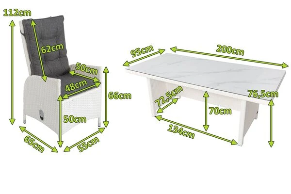 OUTFLEXX Dining Set, Weiß, Polyrattan, Tisch 200x95cm, Spraystone 6mm, 6 Dining Sessel Verstellbar 7 OUTFLEXX Dining Set, Weiß, Polyrattan, Tisch 200x95cm, Spraystone 6mm, 6 Dining Sessel Verstellbar – Bild 5