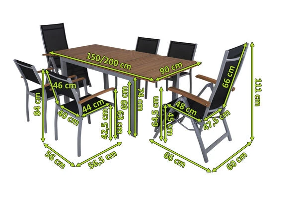 VILLANA Esstischset, Silber/schwarz, Alu/FSC-Akazie, Ausziehtisch 150/200 X 90 Cm, 2 Relaxsessel, 4 Stapelsessel 7 VILLANA Esstischset, Silber/schwarz, Alu/FSC-Akazie, Ausziehtisch 150/200 X 90 Cm, 2 Relaxsessel, 4 Stapelsessel – Bild 5