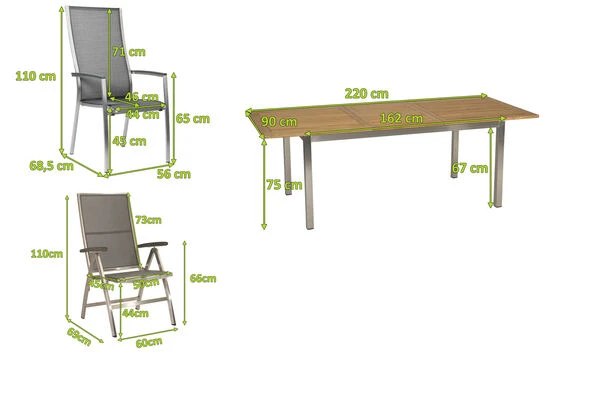 STERN Cardiff Esstischgarnitur, Silber/silbergrau, Edelstahl/Textilen/FSC-Teakholz/Alu, 162/220 X 90 Cm, 4 Stapel-, 2 Multipos, Butterfly-Auszug 7 STERN Cardiff Esstischgarnitur, Silber/silbergrau, Edelstahl/Textilen/FSC-Teakholz/Alu, 162/220 X 90 Cm, 4 Stapel-, 2 Multipos, Butterfly-Auszug – Bild 5