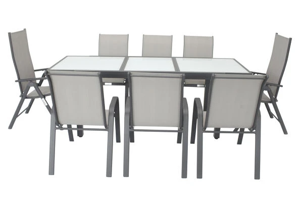 VILLANA Sitzgruppe, Anthrazit/grau, Alu/Textil, Tisch 160/220 Cm, 6 Stapelstühle, 2 Hochlehner 8 VILLANA Sitzgruppe, Anthrazit/grau, Alu/Textil, Tisch 160/220 Cm, 6 Stapelstühle, 2 Hochlehner – Bild 6