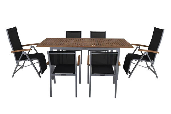 VILLANA Esstischset, Silber/schwarz, Alu/FSC-Akazie, Ausziehtisch 150/200 X 90 Cm, 2 Relaxsessel, 4 Stapelsessel 8 VILLANA Esstischset, Silber/schwarz, Alu/FSC-Akazie, Ausziehtisch 150/200 X 90 Cm, 2 Relaxsessel, 4 Stapelsessel – Bild 6