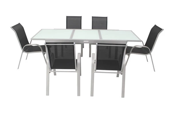 VILLANA Esstischgruppe, Silber/schwarz, Alu/Textil, Ausziehtisch 160/220 Cm, 6 Stapelstühle 9 VILLANA Esstischgruppe, Silber/schwarz, Alu/Textil, Ausziehtisch 160/220 Cm, 6 Stapelstühle – Bild 7