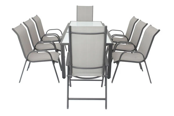 VILLANA Sitzgruppe, Anthrazit/grau, Alu/Textil, Tisch 160/220 Cm, 6 Stapelstühle, 2 Hochlehner 9 VILLANA Sitzgruppe, Anthrazit/grau, Alu/Textil, Tisch 160/220 Cm, 6 Stapelstühle, 2 Hochlehner – Bild 7